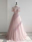 Pink round neck tulle sequin long prom dress, pink tulle formal dress