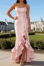 Pink Ruffled Sheath Strapless Satin Long Formal Dress with Slit