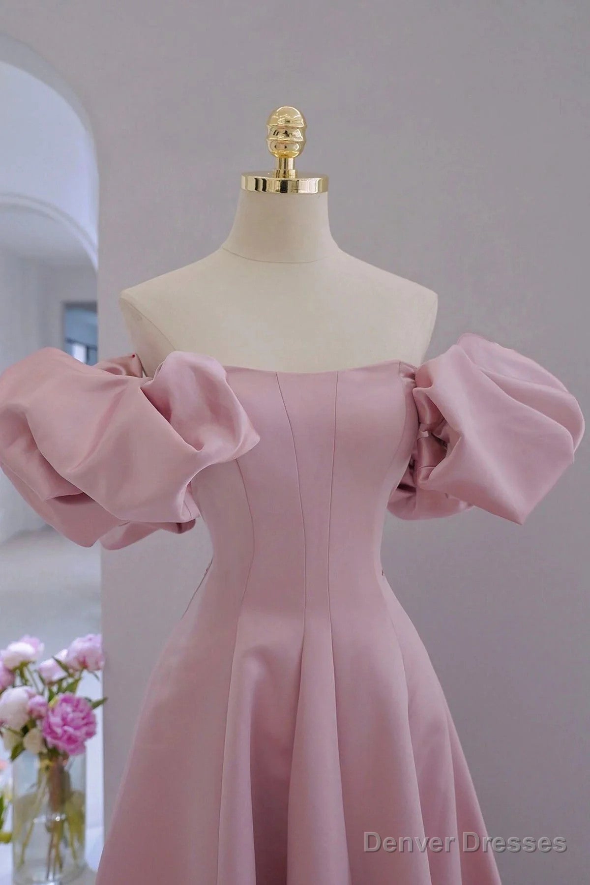 Pink Satin A-line Floor Length Party Dress, Pink Satin Short Sleeves Prom Dress Secondary image
