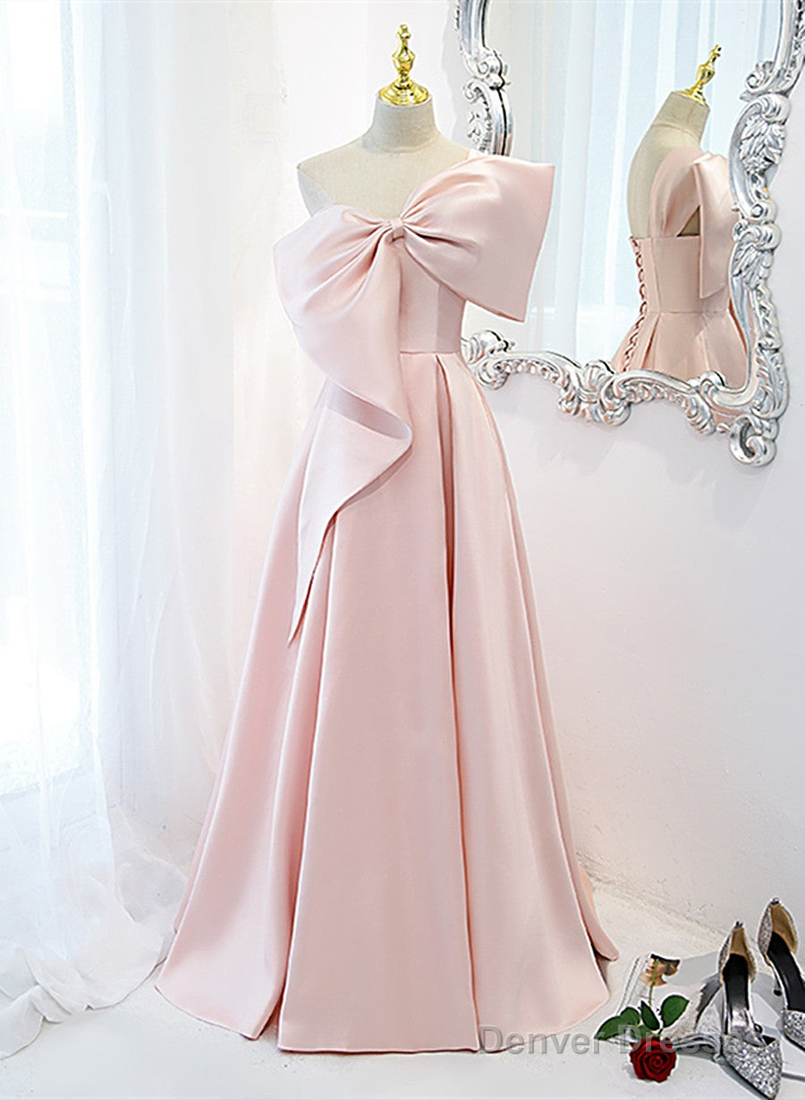 Pink Satin A-Line Party Dress With Bow, One Shoulder Pink Prom Dress Main image