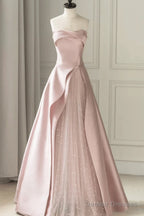 Pink Satin And Tulle Long Party Dress, A-Line Pink Prom Dress