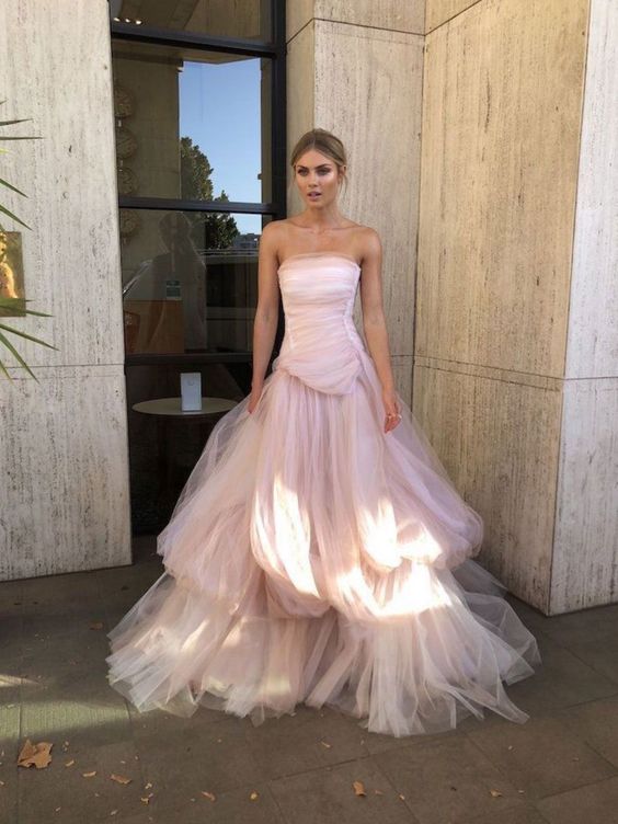 Light Pink Tulle Long Prom Dress, Pink Tulle Formal Dress Main image