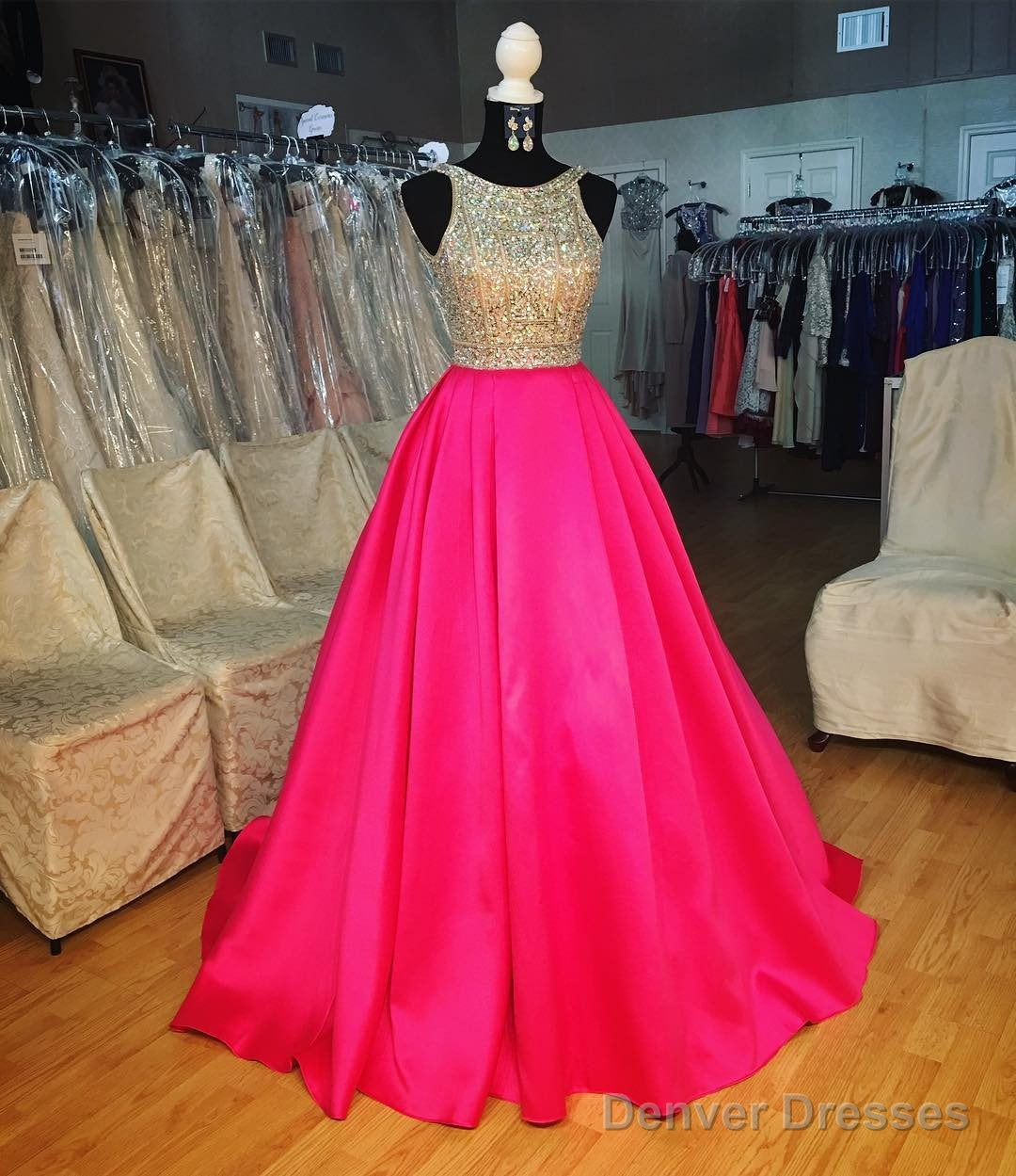 Pink Satin Ball Gowns Prom Dresses Crystal Beaded  Luxury Evening Gowns Main image