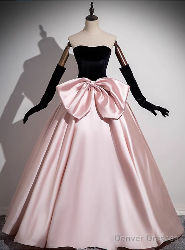 Pink Satin Black Velvet Strapless Bow Prom Dress Main image