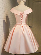 Pink Satin Knee Length Party Dress , Homecoming Dress