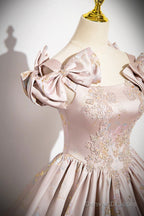 Pink Satin Lace Long Prom Dress, A-Line Scoop Neckline Formal Evening Dress