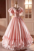 Pink Satin Lace Long Prom Dress, Pink Short Sleeve Evening Party Dress