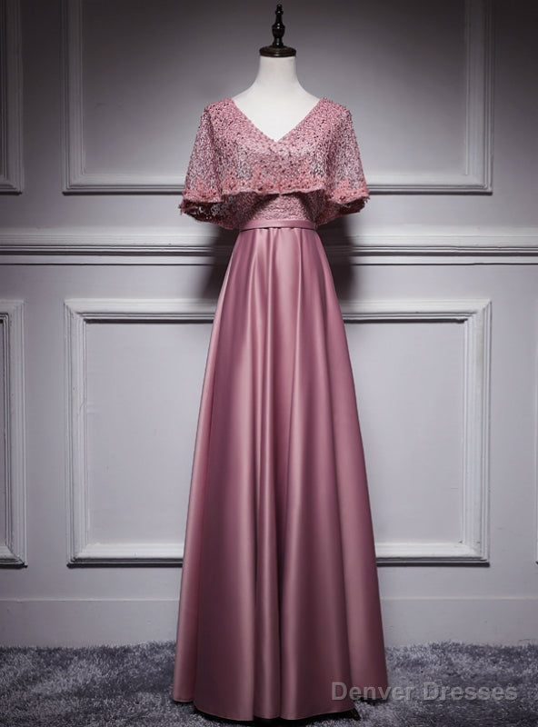 Pink Satin Lace V-neck Bat Pearls Prom Dress Main image