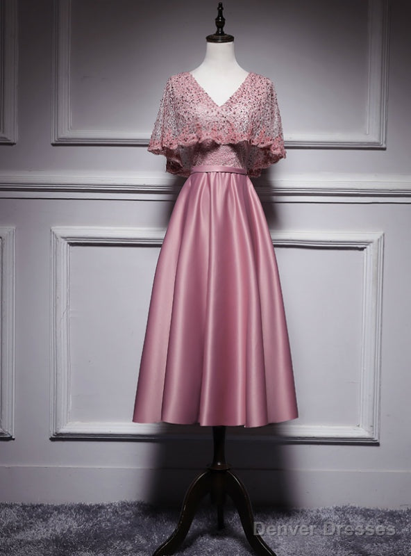 Pink Satin Lace V-neck Bat Pearls Tea Length Prom Dress Main image