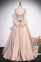 Pink Satin Long A-Line Prom Dress, Cute Spaghetti Strap Evening Dress with Bow