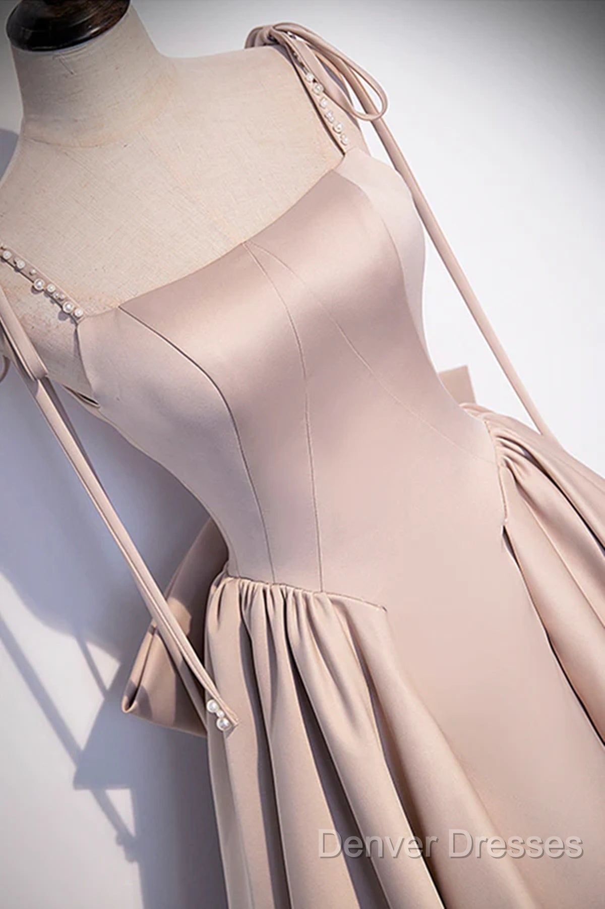 Pink Satin Long A-Line Prom Dress, Pink Spaghetti Straps Party Dress With Bow Secondary image