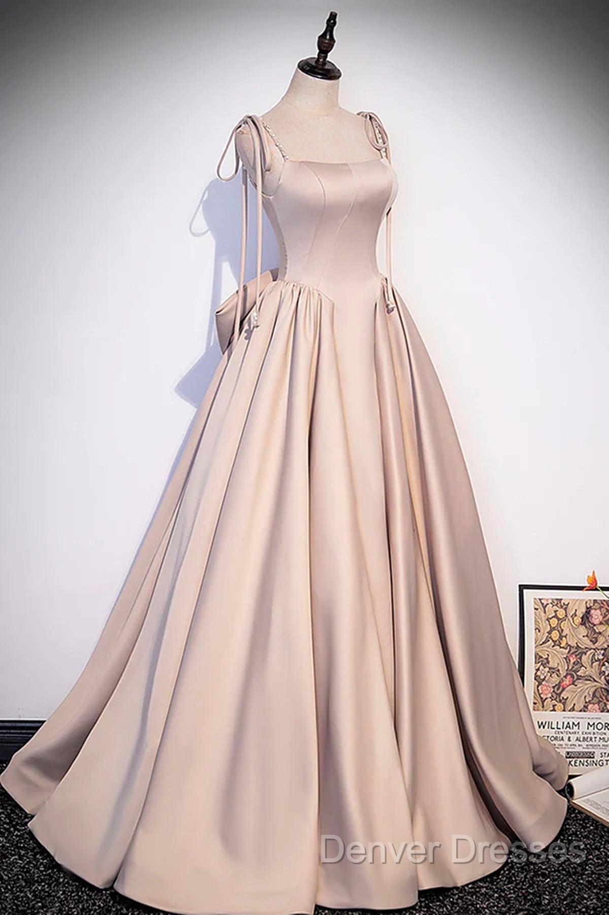 Pink Satin Long A-Line Prom Dress, Pink Spaghetti Straps Party Dress With Bow