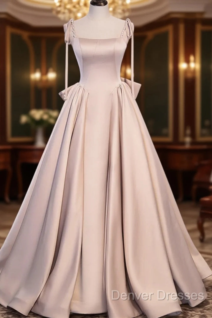 Pink Satin Long A-Line Prom Dress, Pink Spaghetti Straps Party Dress With Bow Main image