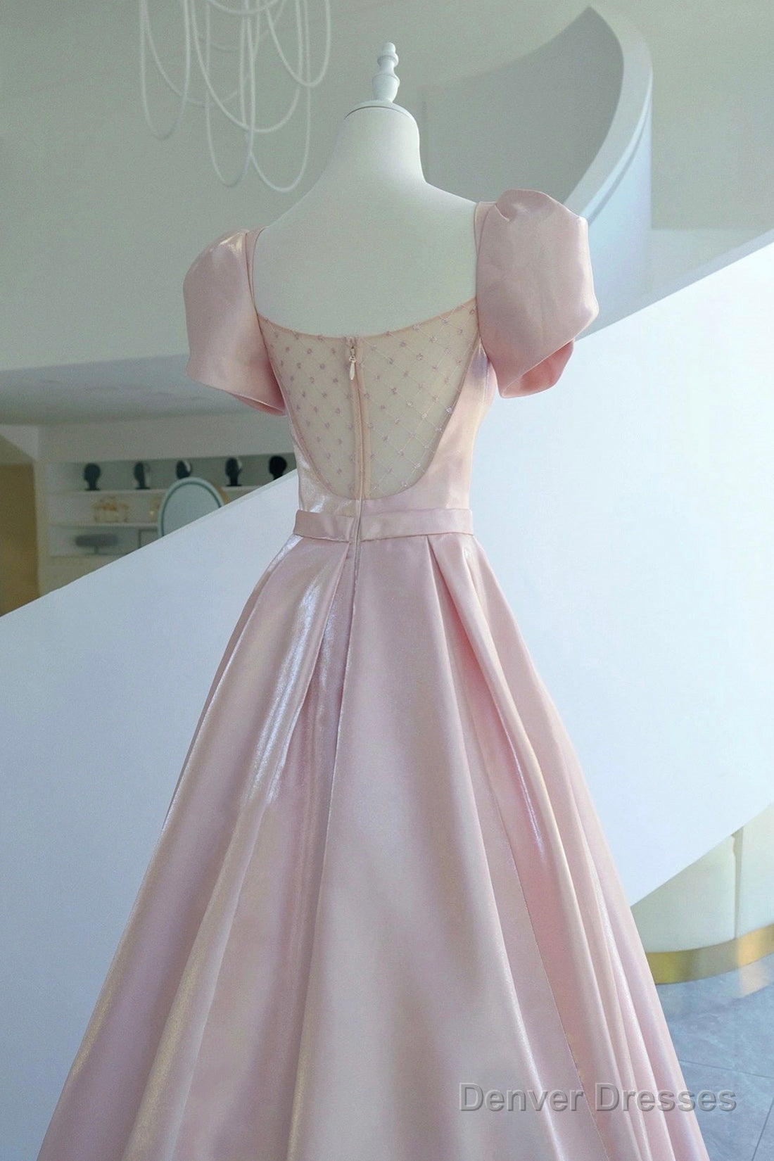 Pink Satin Long Prom Dress, Beautiful A-Line Evening Dress With Bow Secondary image