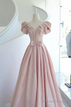 Pink Satin Long Prom Dress, Beautiful A-Line Evening Dress With Bow