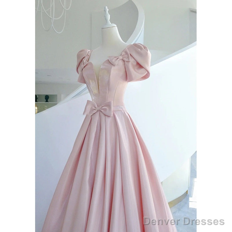 Pink Satin Long Short Sleeves Prom Dress Party Dress, Pink Formal Dress Wedding Party Dress Main image
