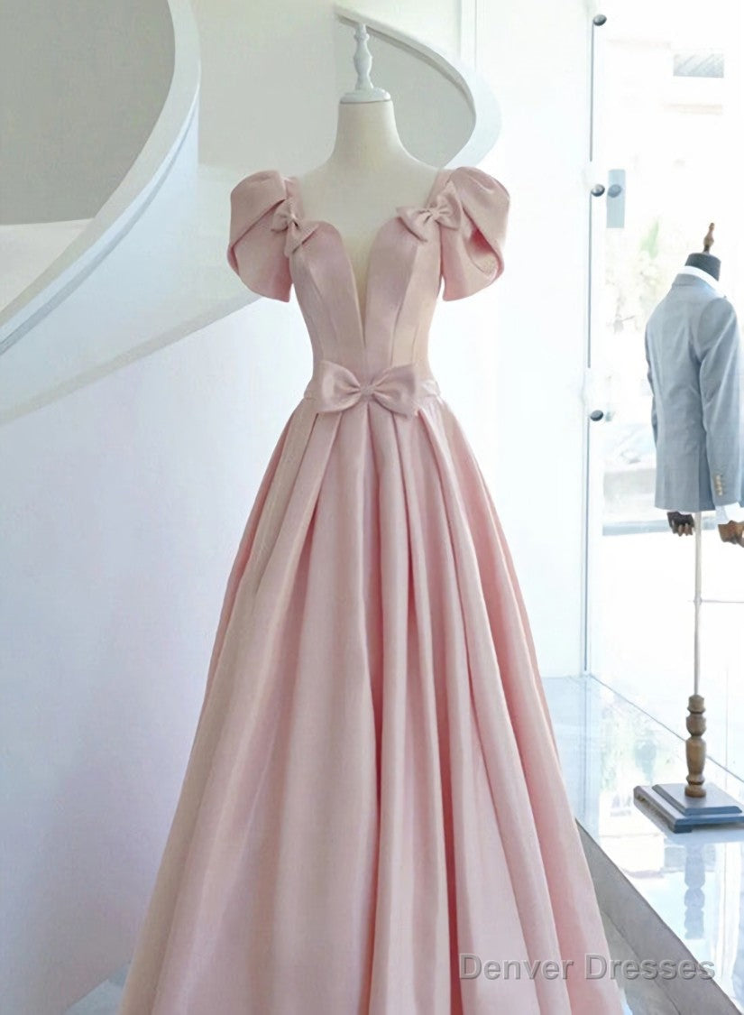 Pink Satin Long Short Sleeves Prom Dress Party Dress, Pink Formal Dress Wedding Party Dress