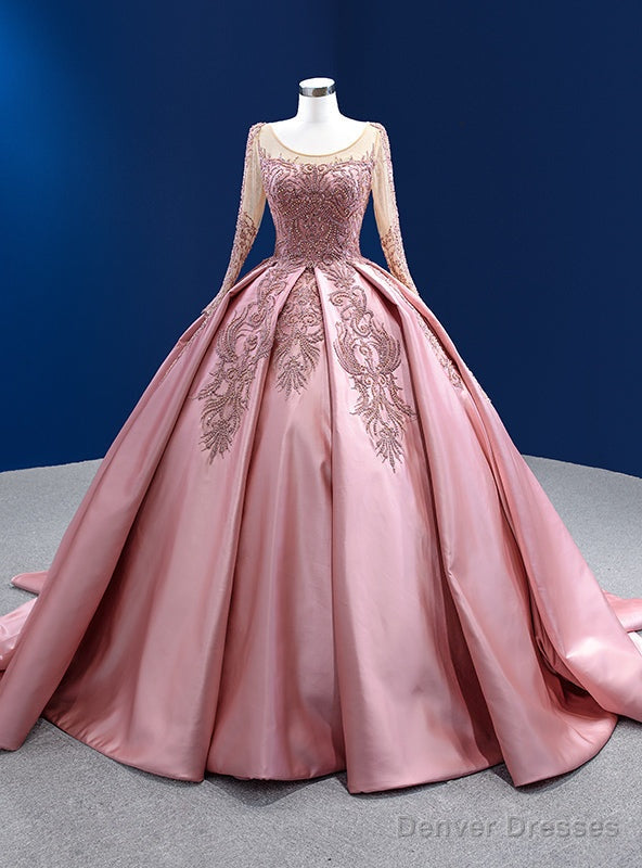 Pink Satin Long Sleeve Appliques Beading Prom Dress Main image