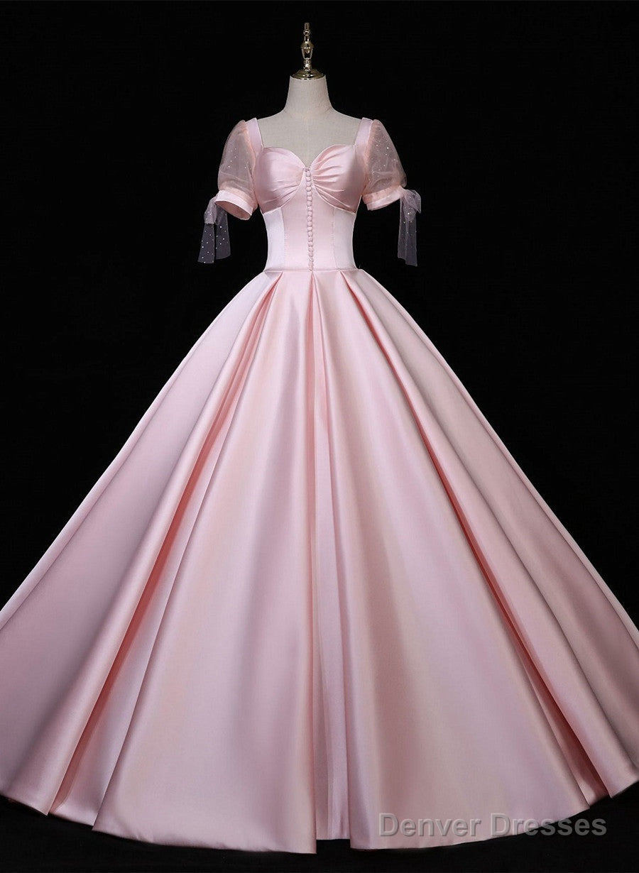 Pink Satin Long Sweetheart Formal Dress, Pink Sweet 16 Party Dress Main image