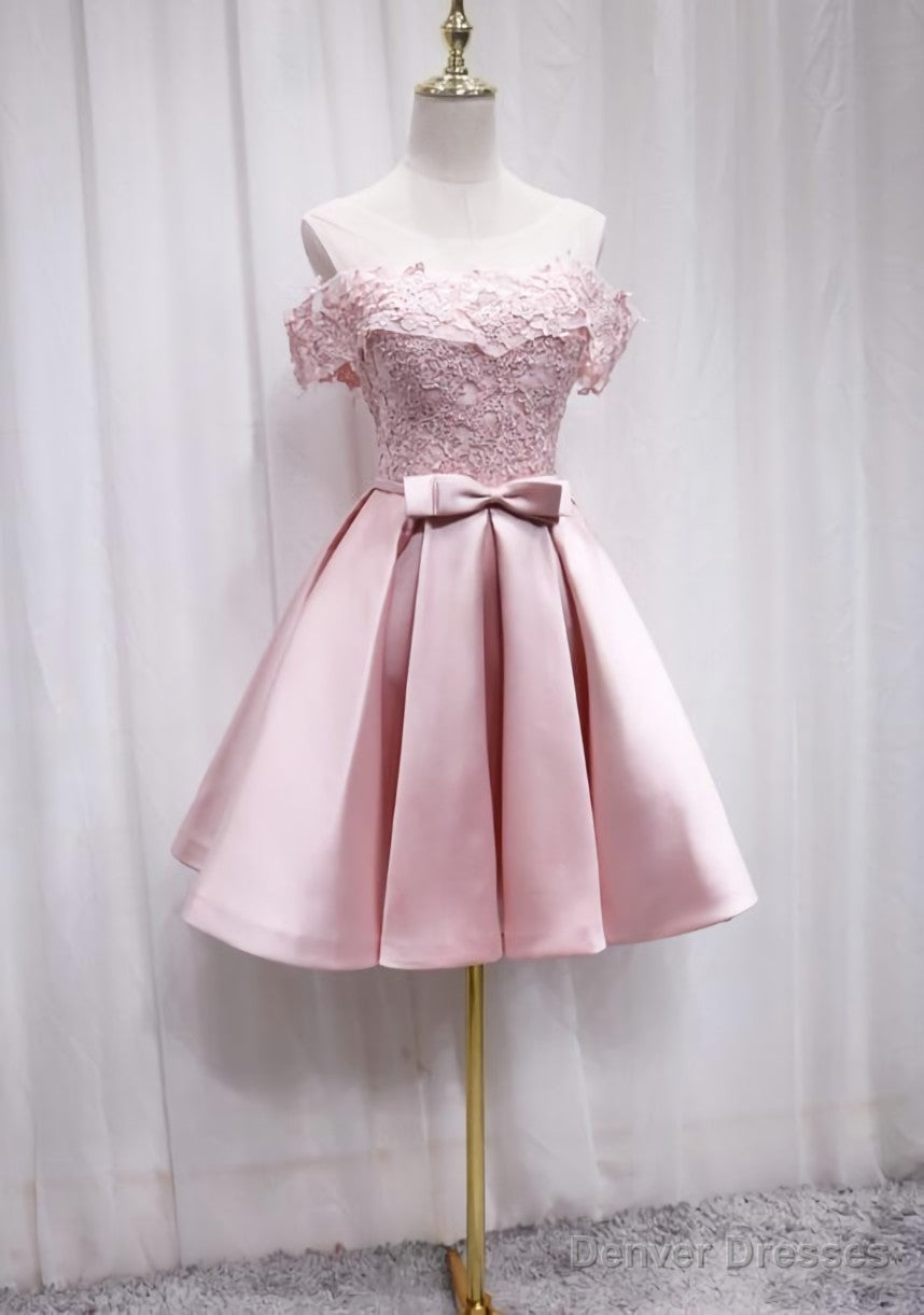 Pink Satin Off Shoulder Lace Top Homecoming Dress, Pink Gradaution Dresses Secondary image