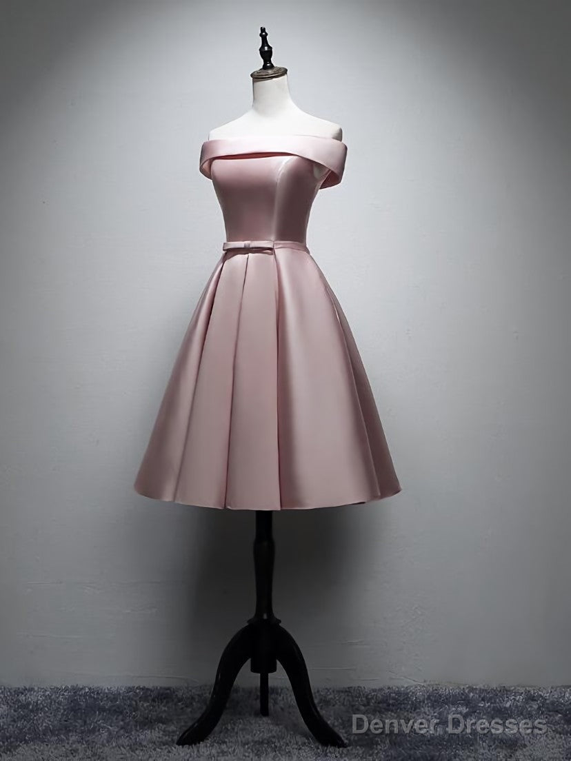 Pink Satin Off Shoulder Lace-up Party Dress, Pink Prom Dress Main image