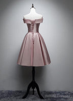 Pink Satin Off Shoulder Lace-up Party Dress, Pink Prom Dress