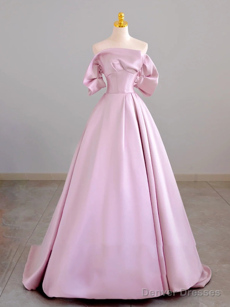 Pink Satin Off the Shoulder Beading Prom Dress Main image