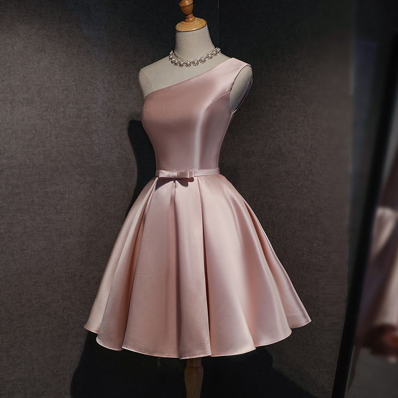 Pink Satin One Shoulder Homecoming Dress, Knee Length Prom Dress Secondary image