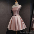 Pink Satin One Shoulder Homecoming Dress, Knee Length Prom Dress