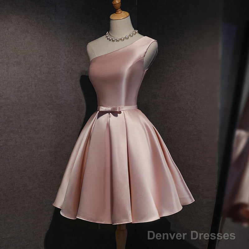 Pink Satin One Shoulder Homecoming Dress, Knee Length Prom Dress