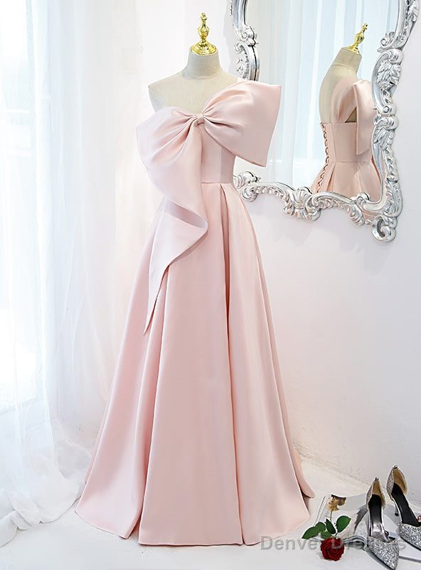 Pink Satin One Shoulder Prom Dress With Bow Main image