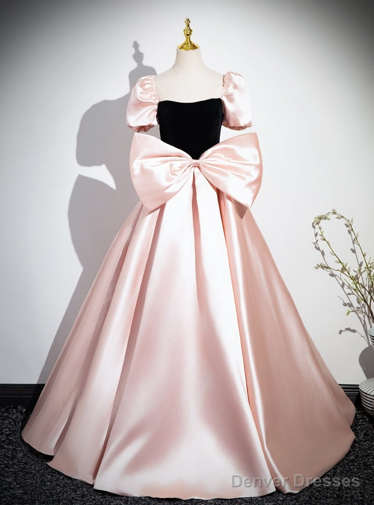 Pink Satin Puff Sleeve Bow Prom Dress Main image