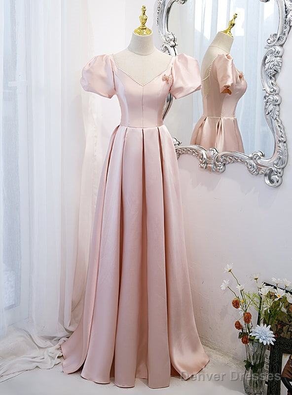 Pink Satin Short Sleeve Pearls V-neck Prom Dress Main image