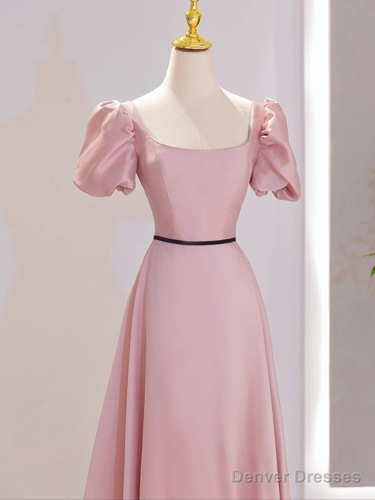 Pink Satin Short Sleeves A-line Party Dress, Pink Satin Prom Dress Secondary image