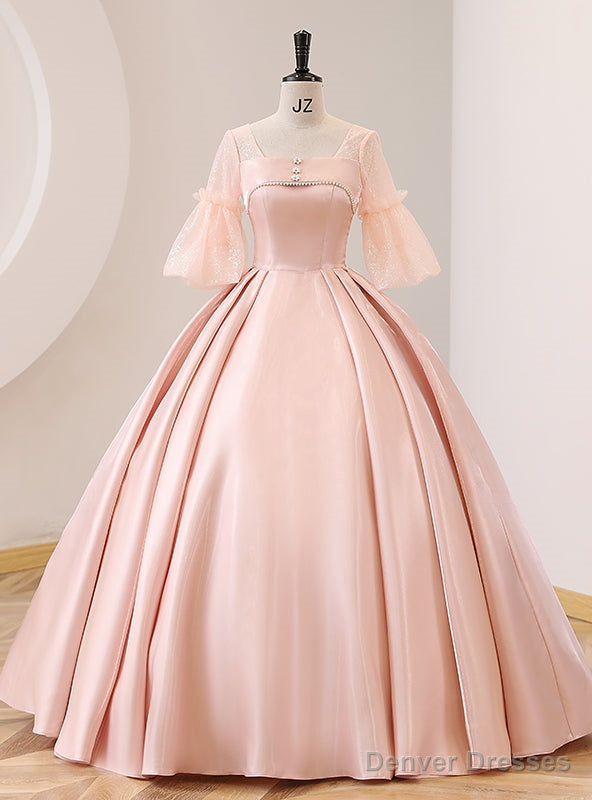 Pink Satin Square Short Sleeve Quinceanera Dress Main image