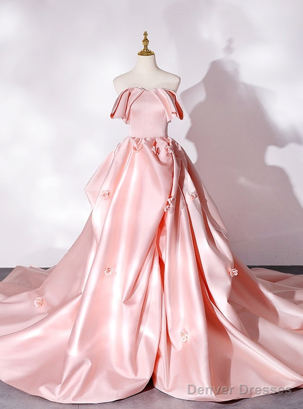 Pink Satin Strapless 3D Flower Quinceanera Dress