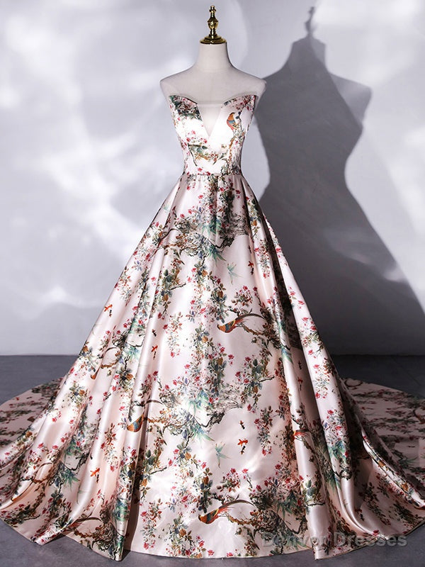 Pink Satin Strapless Embroidery Print Quinceanera Dress Main image