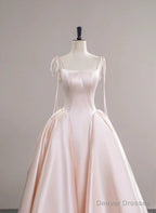Pink Satin Straps Long Formal Dress with Bow, Pink Satin Prom Dress Party Dress