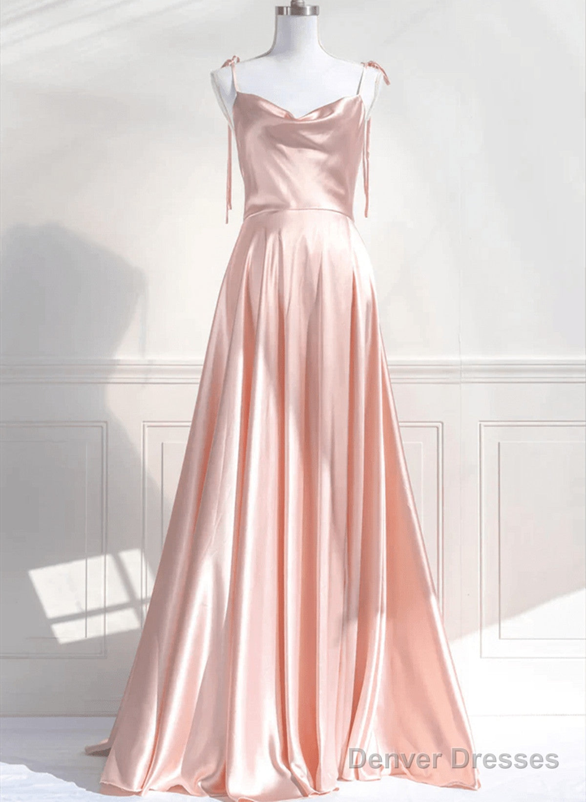 Pink Satin Straps Low Back Long Evening Dress, Pink Satin Prom Dress Main image