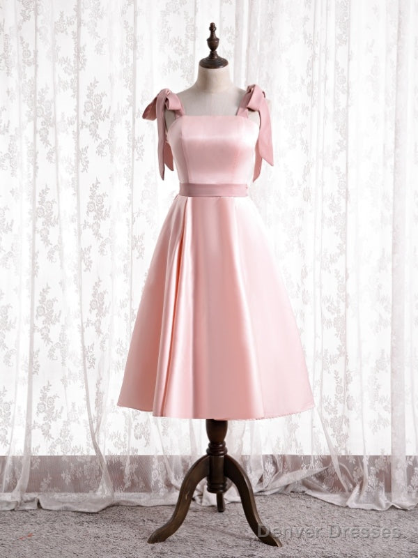 Pink Satin Straps Tea Length Prom Dress Main image