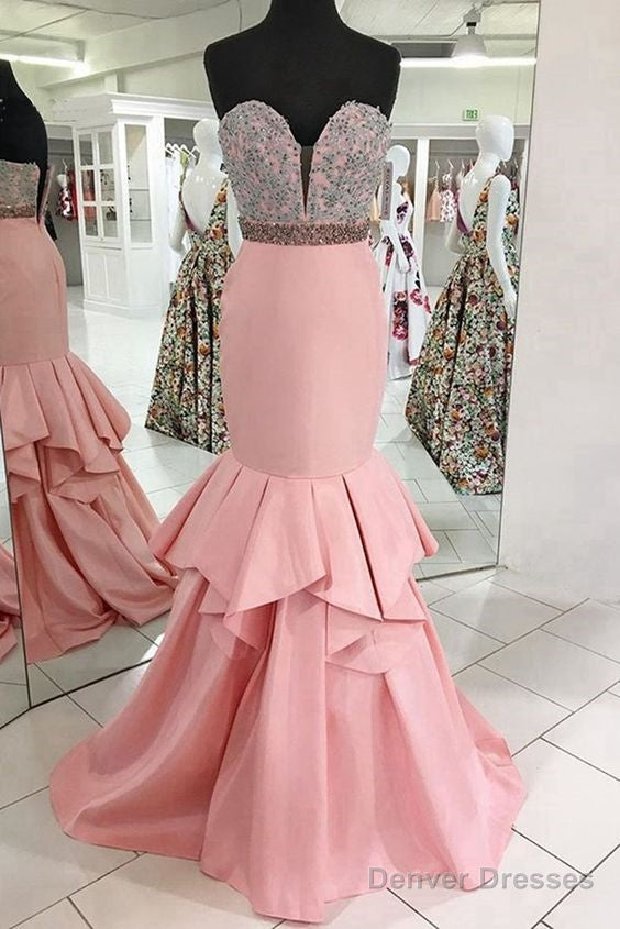 Pink Satin Sweetheart Neck Long Mermaid Prom Dress With Lace Applique Main image