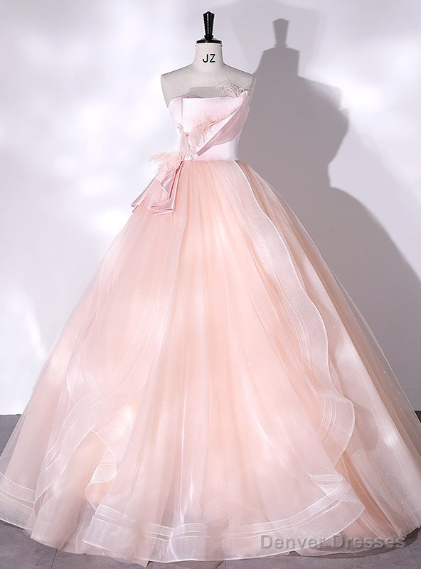 Pink Satin Tulle Strapless Feather Quinceanera Dress