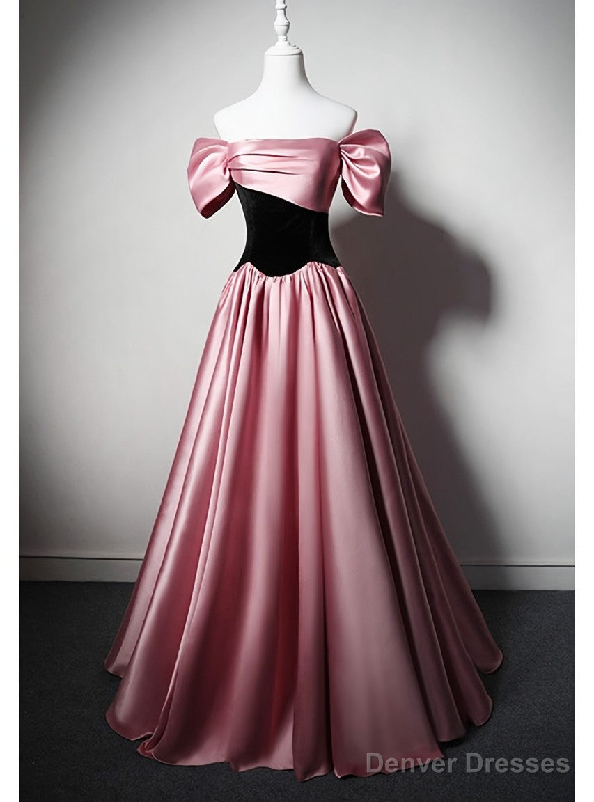 Pink Satin Velvet Off the Shoulder Prom Dress Main image