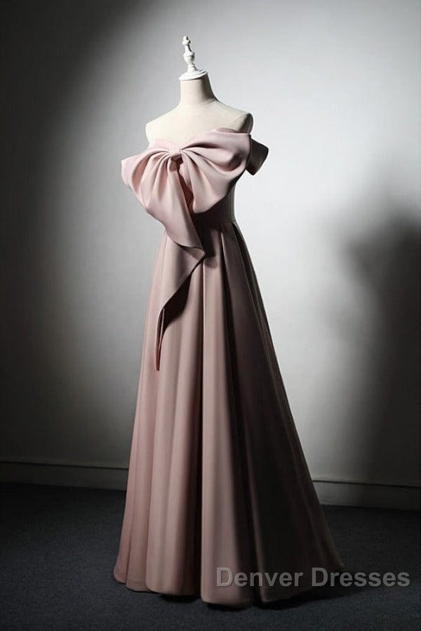 Pink Satin With Bow A-Line Long Prom Dress, Pink Satin Formal Dress Party Dress Secondary image