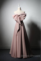 Pink Satin With Bow A-Line Long Prom Dress, Pink Satin Formal Dress Party Dress
