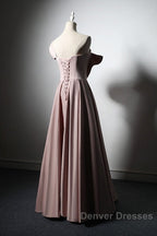 Pink Satin With Bow A-Line Long Prom Dress, Pink Satin Formal Dress Party Dress