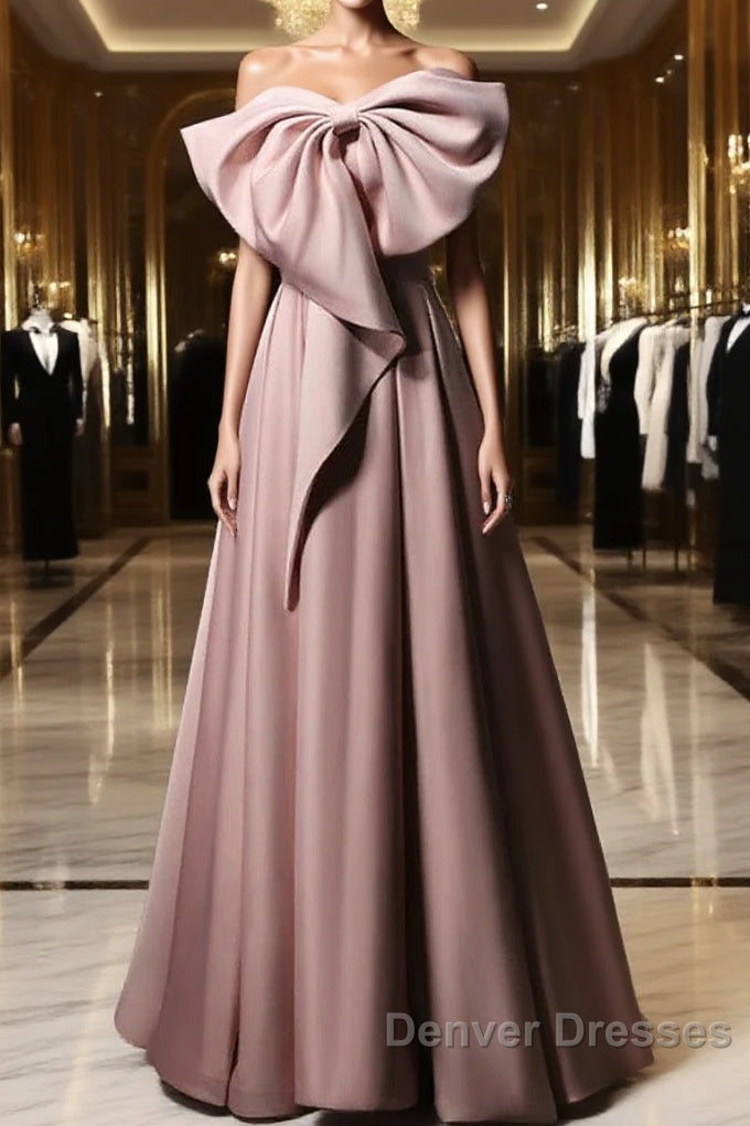 Pink Satin With Bow A-Line Long Prom Dress, Pink Satin Formal Dress Party Dress Main image