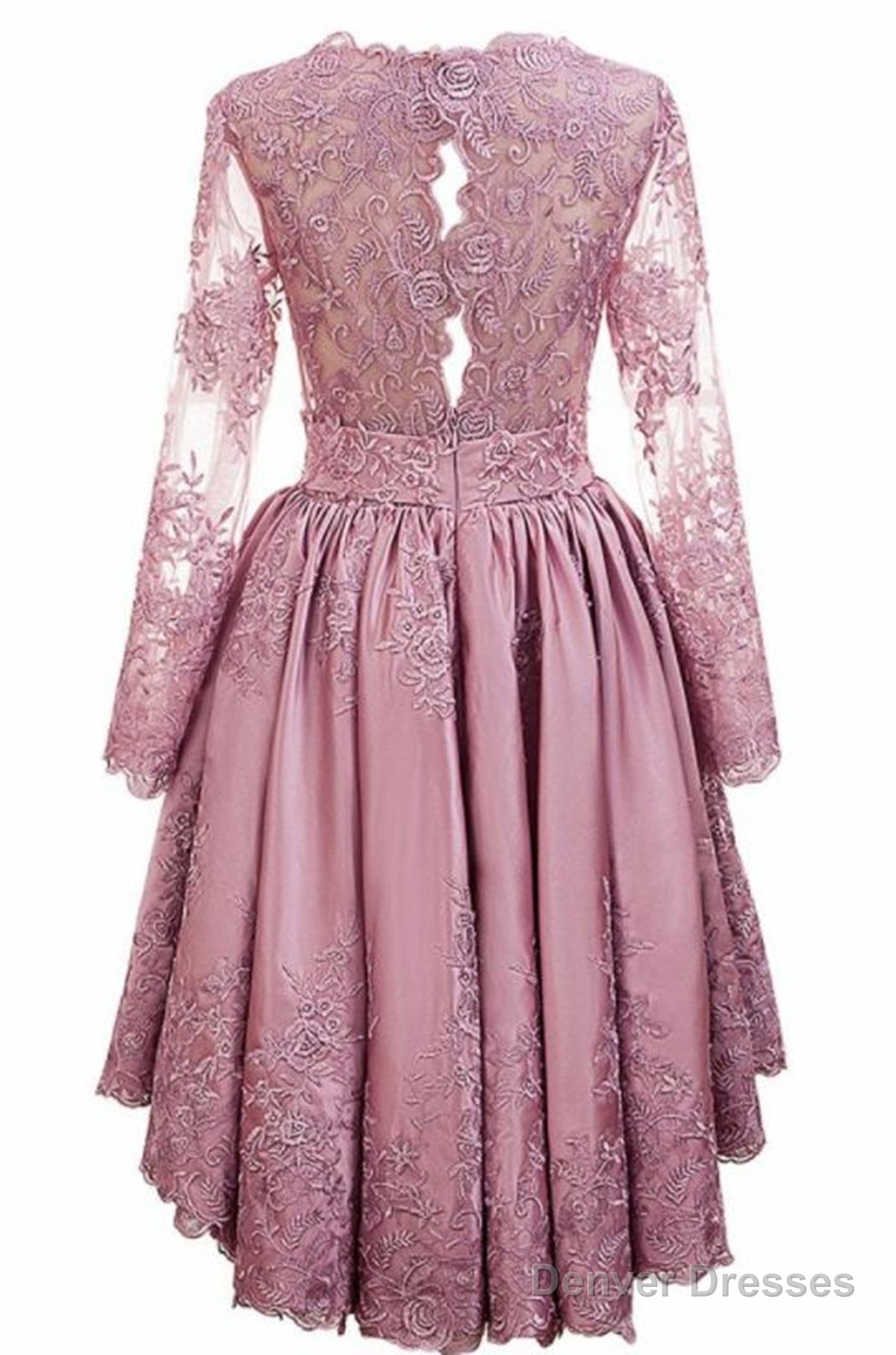 Pink Satin With Lace Applique High Low Homecoming Dress, Pink Short Prom Dress Secondary image