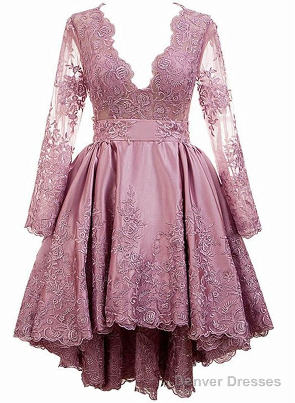 Pink Satin With Lace Applique High Low Homecoming Dress, Pink Short Prom Dress Main image