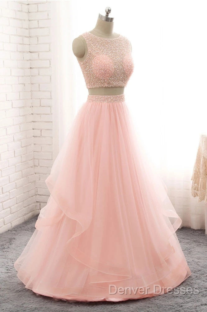 Pink See Through Tulle Beading Strapless Two Piece Prom Dress Secondary image